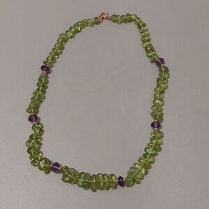 Estate 14K 14 Karat yellow Gold Clasp Peridot and Amethyst Bead Necklace 17" L